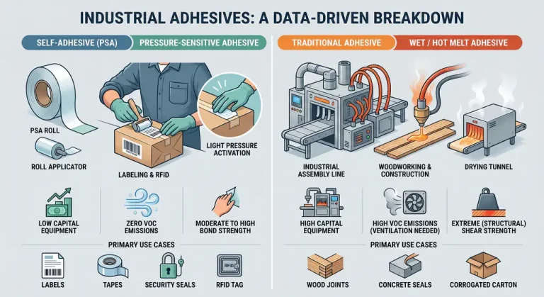 Industrial infographic comparing Self-Adhesive (PSA) and Traditional (Wet/Hot Melt) adhesives, showing differences in activation methods, equipment requirements, VOC emissions, and bond strength with examples of their primary use cases.