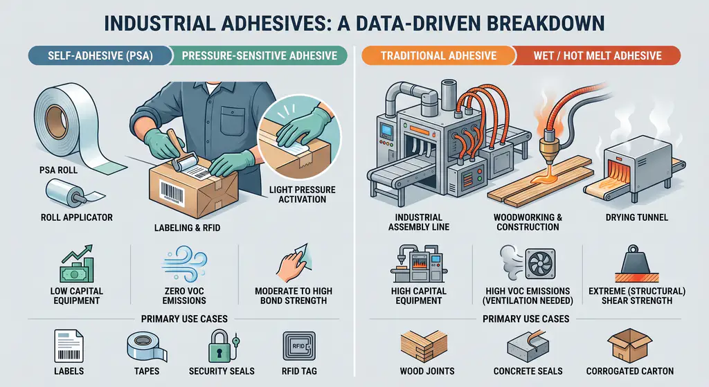 Industrial infographic comparing Self-Adhesive (PSA) and Traditional (Wet/Hot Melt) adhesives, showing differences in activation methods, equipment requirements, VOC emissions, and bond strength with examples of their primary use cases.