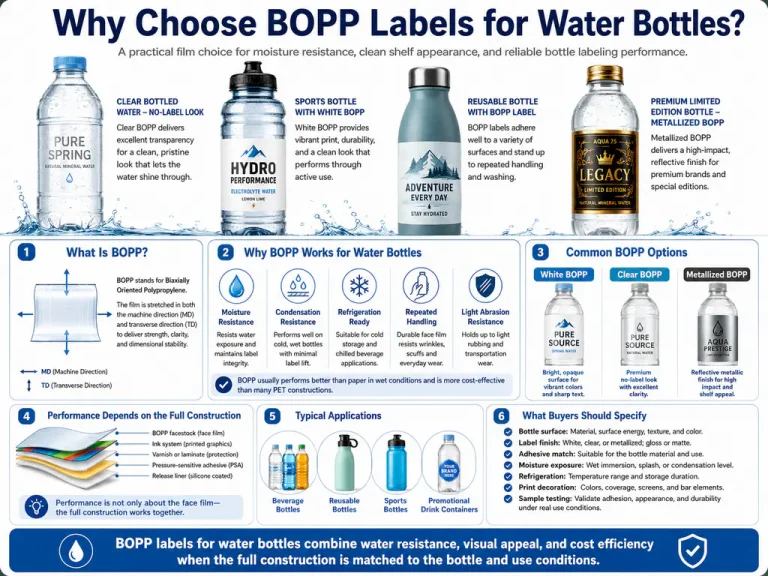 BOPP labels for water bottles on clear plastic and glass drink bottles