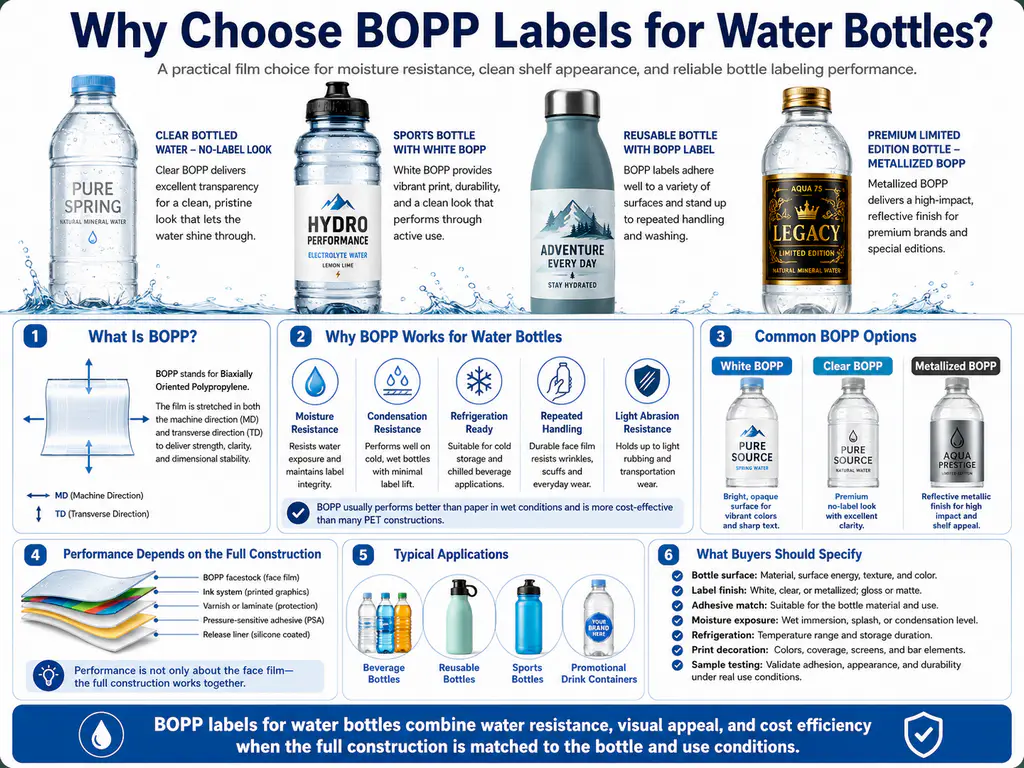 BOPP labels for water bottles on clear plastic and glass drink bottles