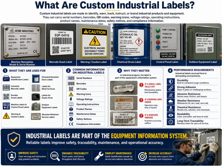 custom industrial labels on equipment, metal surfaces, and plastic parts