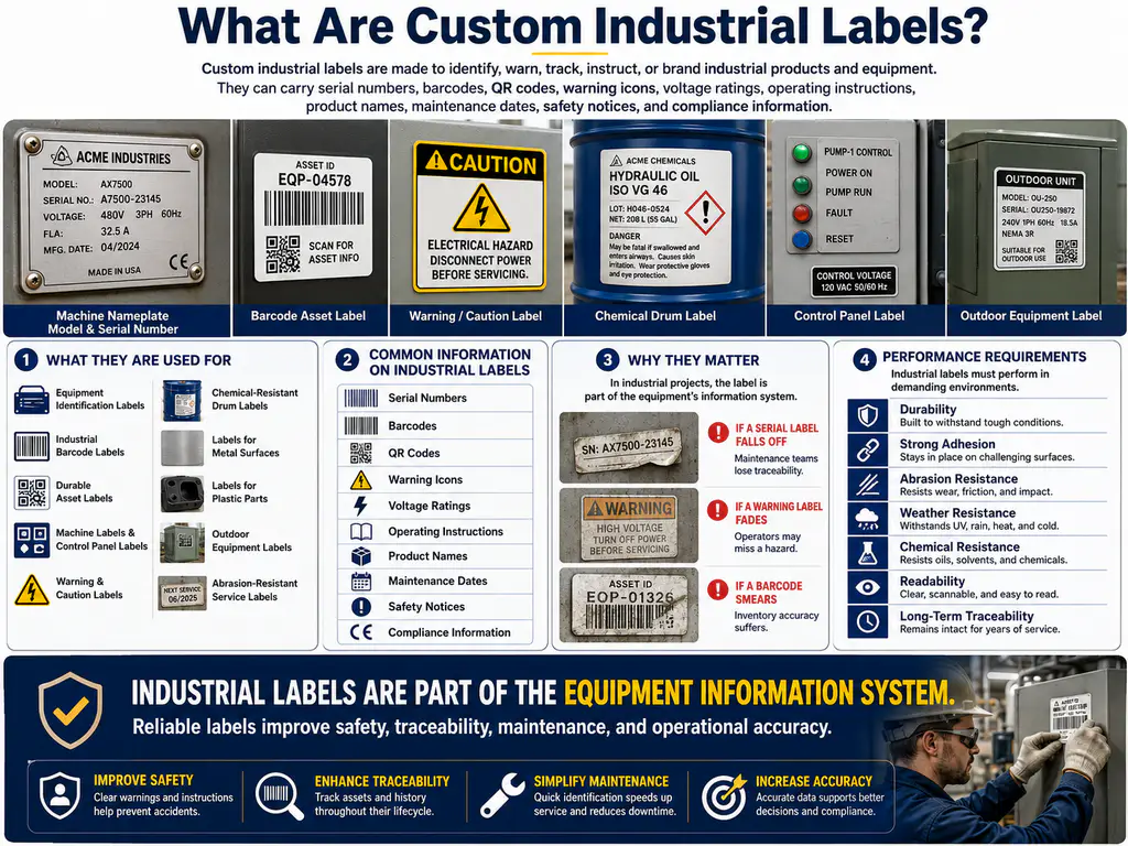 custom industrial labels on equipment, metal surfaces, and plastic parts